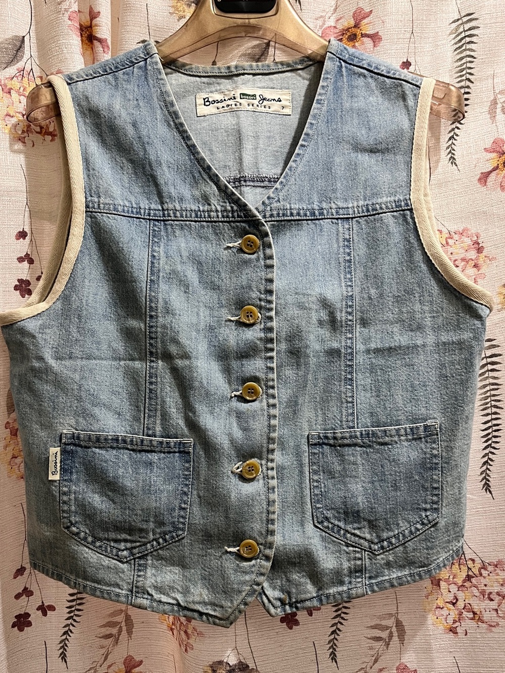 Bossini Jeans Blue Denim Vest V-Neck Button Front PocketsVest with Cream Trim